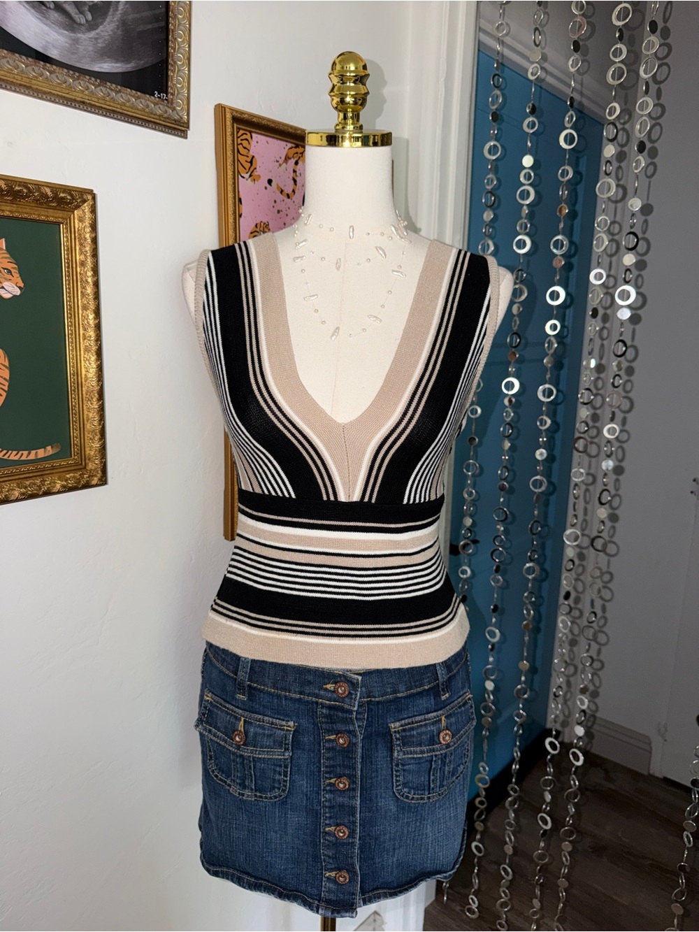 Vintage Y2K Striped V‑Neck Knit Tank Top in Black and Beige